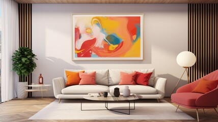 Interior of elegant modern colorful living room. Stylish sofa with cushions, armchair, trendy coffee table, large painting on the wall, floor lamp, houseplant. Contemporary home design. 3D rendering.