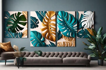 A set of 3 canvases for wall decoration in the living room, office, bedroom, kitchen, office. Home decor of the walls. Luxurious floral background with different colour leaves monstera. 
