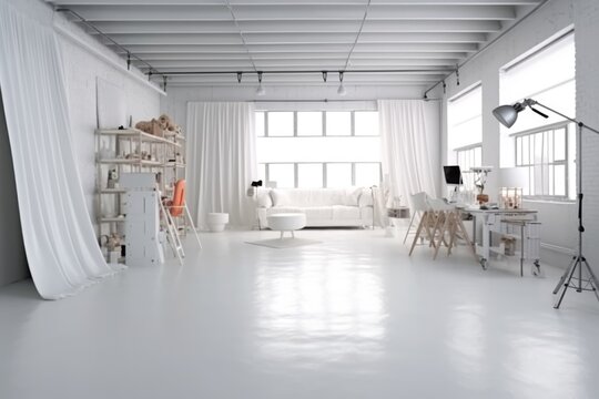 Photo studio interior with professional equipment and workplace in white colors. AI Generated