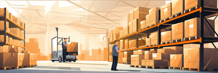 Warehouse worker near shelves full of cardboard boxes, a store warehouse or a sorting room for product delivery, illustration banner