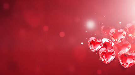 Obraz premium Red crystal hearts on magenta bokeh background with copy space, love banner, greeting card, Valentine Day banner. Valentine's Day background with 3d red hearts. 14 February heart. Love and relations