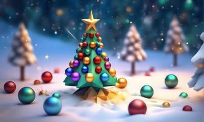 Low Poly Christmas Tree Winter Landscape Digital Art Graphic, Invitation Card Banner Website Design Background - ai generated