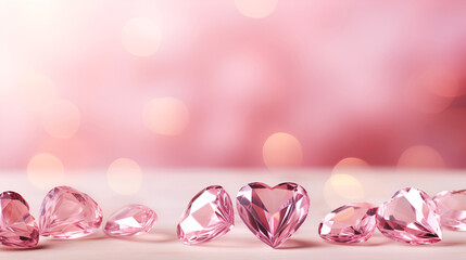 Pink hearts banner. Valentine Day banner with pink crystal hearts on pink bokeh background, love banner or greeting card. Valentine's Day background with 3d pink hearts, copy space. Love and relations
