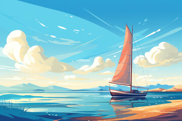 Naklejka premium Sea travel and walks along the shore on a sailboat, a beautiful yacht with sails on the sea waves, illustration