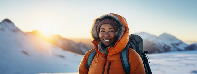 Lifestyle portrait of black woman in orange parka on winter mountain summit trek over snow and ice, extreme outdoor adventure