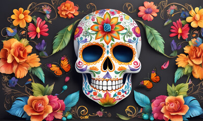 Sugar Skull Flowers Fiesta Digital Art Graphic, Festival Wall Art Banner Website Design Background - ai generated