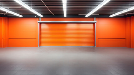 Closed orange roller shutters, closed storage area or garage, warehouse space