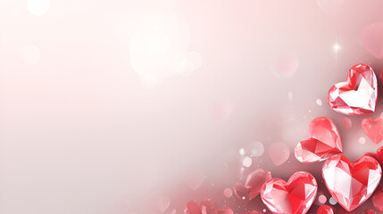 Pink crystal hearts on light pink background, love banner, greeting card, Valentine Day banner. Valentine's Day background with 3d crystal hearts, copy space. 14 February concept. Love and relations