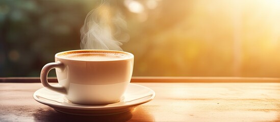 Sunlit table with a close up of a white cup filled with steamy morning coffee - obrazy, fototapety, plakaty
