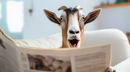 shocked goat reading a newspaper - obrazy, fototapety, plakaty