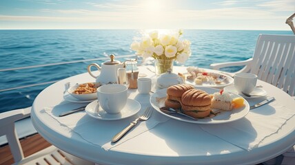 Naklejka premium A beautifully set breakfast table on the deck of a luxury motor yacht, bathed in sunlight, overlooking the open sea.