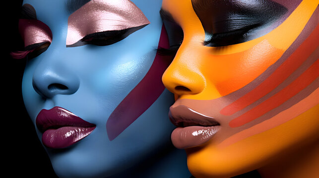 yellow and blue faces of woman, Bold makeup looks on diverse faces, woman skin tones - Powered by Adobe
