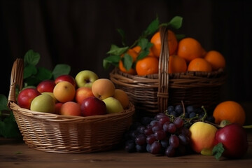 ripe fruits and vegetables in a basket on a high table, ai generative