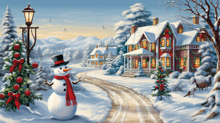 Fototapeta premium Amidst the winter's embrace, a Christmas banner unfurls, showcasing a tableau of joy. Gift boxes adorned in vibrant hues rest upon a pristine blanket of snow, each a promise of del