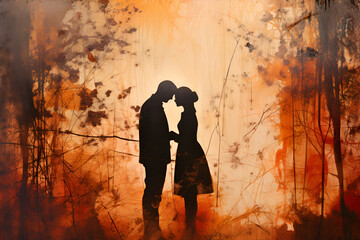 Couple in love holding hands silhouette on artistic vintage background. Valentine's Day , Anniversary celebrations cards design. - obrazy, fototapety, plakaty
