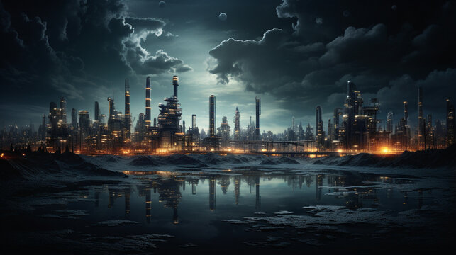 Amidst the darkened expanse, an oil refinery field transforms into a realm of mesmerizing illumination. Towering structures are adorned with a tapestry of lights, crafting a tablea