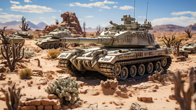 In a desert's embrace, main battle tanks carve determined paths, forming crosses with their tracks. A tableau of military precision emerges as these armored giants advance in orche