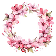Wreath with cherry blossoms in watercolor style, isolated on white, pink cherry blosoms illustration
