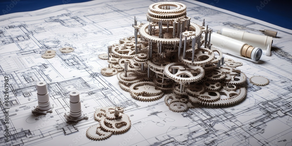 Poster gears and blueprints artfully assembled on a white table, showcasing precision and creativity in tec
