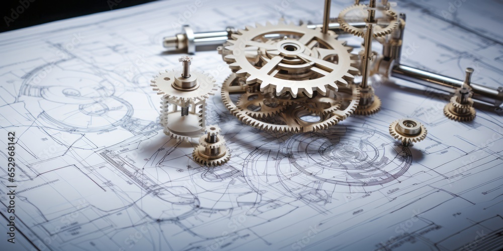 Poster gears and blueprints artfully assembled on a white table, showcasing precision and creativity in tec