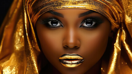 Portrait closeup Beauty fantasy African woman's face in gold paint. Golden shiny skin. Fashion model girl goddess hand fingers posing. Arab turban head, jeweler bracelets. Professional metallic makeup