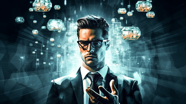 An executive studies blockchain technology in an image featuring a man in a suit looking at a digital screen with blocks and coding.
