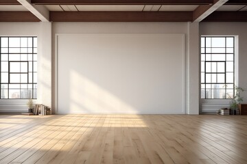 a large white wall in a room with wood floors and windows