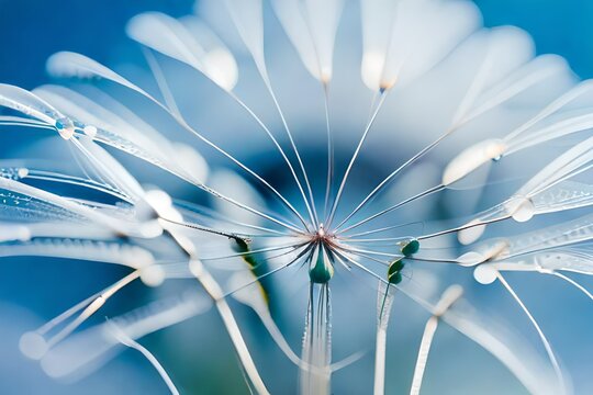 Beautiful dew drops on a dandelion seed macro. Beautiful blue background. Large golden dew drops on a parachute dandelion. Soft dreamy tender artistic image 