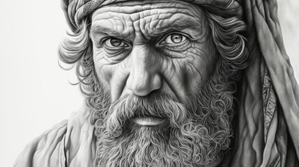 An old charcoal drawing portrait of a man with a serious expression, staring off into the distance.
