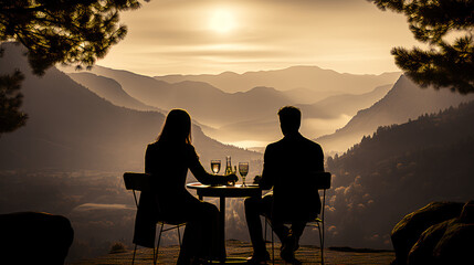 Couple having drinks on the patio - mountain resort spa - black and white - monochrome - rear low angle camera view 