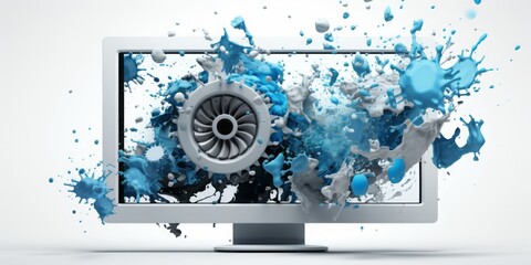 Computer Monitor Explodes with Gears on a White Background, Symbolizing Tech Support and IT Assistance in the World of Information Technology