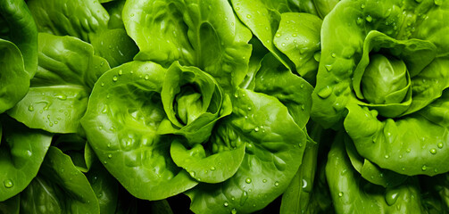 Fresh green lettuce leaves with water drops over them, closeup macro detail banner. Generative AI - obrazy, fototapety, plakaty