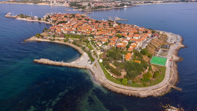 Aerial view to Nessebar city Sea town of Bulgarian Black Sea coast