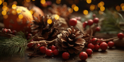 Christmas Decorations in Eco Friendly Style. Pine Cones, Red Christmas Berries and fir tree branches on a Wooden Table