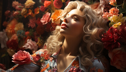 A beautiful blond woman with a flower in her hair generated by AI