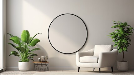 A round mirror adorns the wall of a contemporary living room, positioned above an inviting armchair. A lush potted plant brings a touch of nature into the space, creating a harmonious - obrazy, fototapety, plakaty