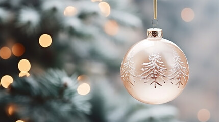 Close-Up of Delicate Glass Ornaments Hanging on a Festive Tree, decorated Christmas tree, with copy space