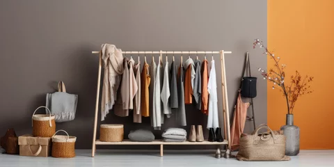 Poster Rack with bright stylish clothes, shoes and accessories near light grey wall indoors © Sasint