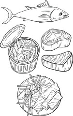 Hand drawn collection of salmon fish - Black and white, Black line vector