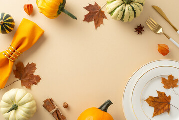 From an aerial perspective, a heartwarming Thanksgiving gathering with gilded dishes, refined silverware, and autumnal embellishments grace a beige tablecloth isolated backdrop, ready for text or ads