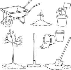 Garden tools set. Gardening plant, watering can, wheelbarrow, rake, shovel, spade, cart engraved signs - Black and white, Black line vector