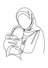 Shawl-wearing woman with a baby in her arms. Biblical stories, virgin mary with jesus christ in her arms. One line drawing vector illustration.