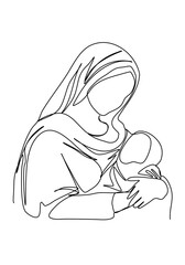 Shawl-wearing woman with a baby in her arms. Biblical stories, virgin mary with jesus christ in her arms. One line drawing vector illustration.