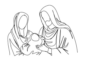 Nativity scene one line drawing vector illustration. Biblical stories, Joseph, virgin Mary with Jesus Christ in her arms.