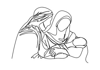 Nativity scene one line drawing vector illustration. Biblical stories, Joseph, virgin Mary with Jesus Christ in her arms.