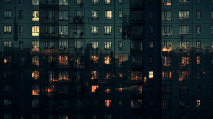 Night view of apartment building windows, an indicator of neighborhood and social life. Generative AI