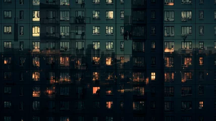 Foto op Aluminium Night view of apartment building windows, an indicator of neighborhood and social life. Generative AI © Юрий Маслов