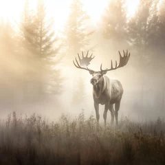 Poster Albino bull moose standing in a misty forest © Jason