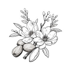 Branch of Almond and flowers and blossom and buds drawing isolated on white background