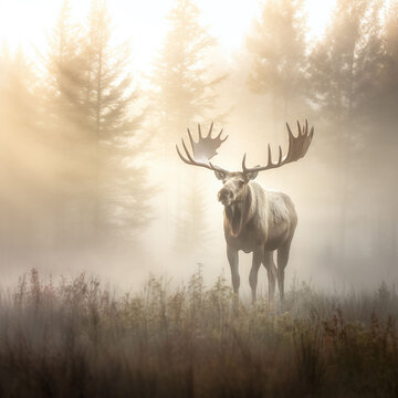 Albino bull moose standing in a misty forest